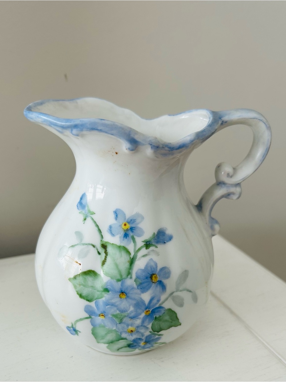 Vintage Small Floral Ceramic Pitcher in White & Blue